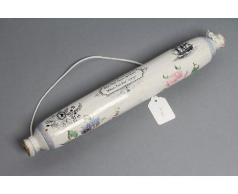 A NORTH EAST POTTERY ROLLING PIN, Middlesbrough c.1830, inscribed "A present from Middlesbro" and printed verse "the Girl tha