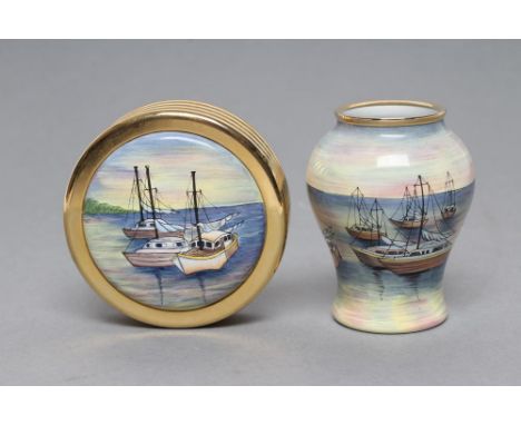 A MOORCROFT ENAMEL "SAILS AWAY" PATTERN SMALL VASE, modern, of inverted baluster form, painted in colours, designed by Sandra