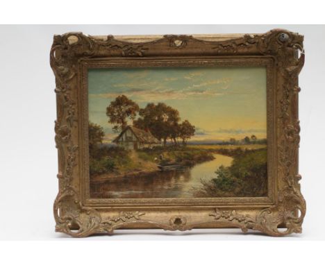 W WARREN (1829-1911) Riverscene at Sunset, oil on canvas, signed, 12" x 16", gilt frame (Est. plus 21% premium inc. VAT)Good,