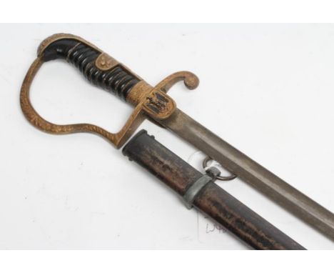 A GERMAN THIRD REICH ARMY OFFICER'S SWORD with 32 1/2" curved blade, brass hilt, with oak leaf motif, eagle langet, knuckle g