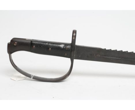 A BRITISH M1879 MARTINI HENRY SWORD BAYONET with 25 1/4" saw back blade, stirrup hilt and two piece chequered grip, 30 3/4" l