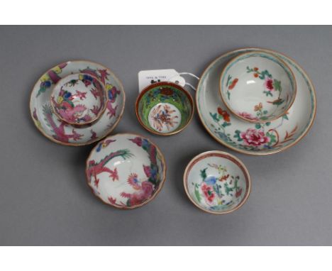 A COLLECTION OF BATAVIAN FAMILLE ROSE PORCELAIN, comprising a teabowl and saucer painted with a kingfisher perched upon a peo