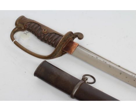 A JAPANESE CAVALRY OFFICER'S SWORD with 26" katana style blade, brass stirrup hilt, shagreen grip and steel scabbard, 36" lon