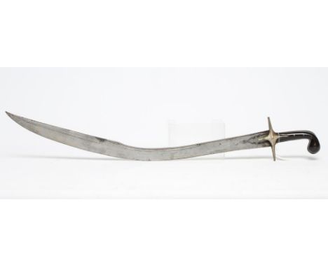 A TURKISH KILIJ, the 28" curved and shaped blade with etched and inlaid design to the back blade and ricasso, white metal cro