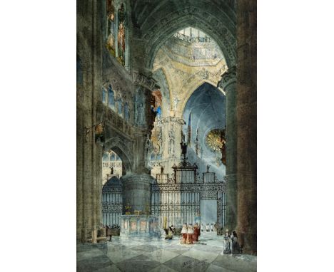 PILFORD FLETCHER WATSON (1842-1907) Interior View of Burgos Cathedral, watercolour and pencil heightened with white, signed, 