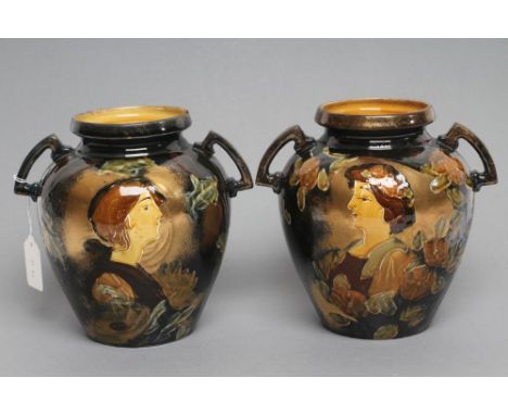 A PAIR OF THOMAS FORESTER & SONS POTTERY ART NOUVEAU "REMBRANDT" WARE VASES, c.1912, of flared rounded form with two angular 