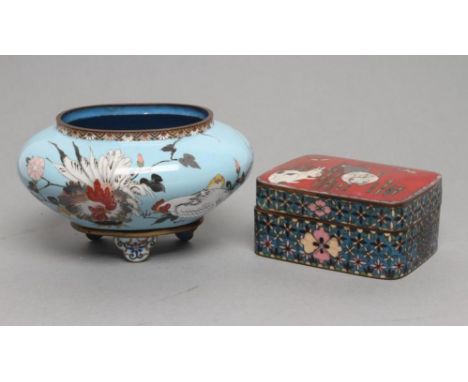 A JAPANESE CLOISONNE ENAMEL SMALL BOWL, Meiji period, of squat oval form raised upon three cloud supports, with a cockerel, h