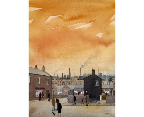 GEOFFREY WOOLSEY BIRKS (1929-1993) Street Scene with Figures, watercolour and pencil heightened with white, signed, 12" x 9",