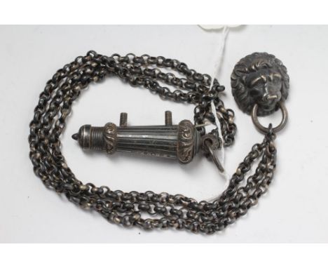 A BRITISH ARMY OFFICER'S CROSS BELT FITTINGS, comprising a silver sheathed whistle, triple strand chain and lion head, hallma