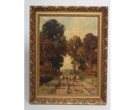 MARTINUS JACOBUS NEFKENS (Dutch 1866-1941) Shepherd and Flock on a Woodland Path, oil on canvas, signed, 16" x 12", gilt fram