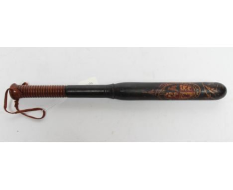 A VICTORIAN CEREMONIAL POLICE TRUNCHEON, the head section painted with VR over Royal Coat of Arms, turned with a step to the 