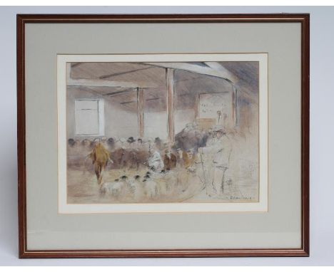 BRIAN IRVING (1931-2013) Sheep Sale, pencil, crayon and wash heightened with white, signed, 9 1/4" x 12 1/4", stained frame (