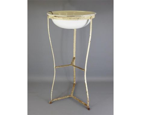 An Outdoor Enamel Wash Basin on Wrought Iron Stand, approx 85 cms.