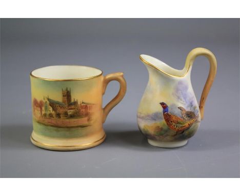 Royal Worcester. The lot includes a a miniature ewer hand painted with pheasant signed Stinton, green factory mark, approx 6.