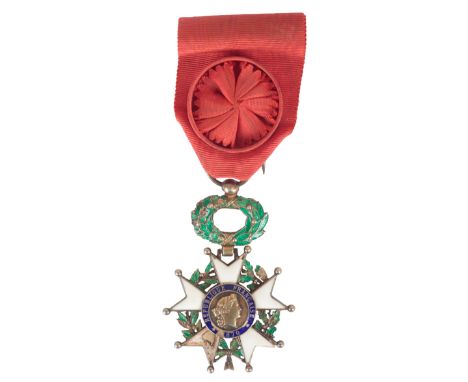 A FRENCH NATIONAL LEGION ORDER OF HONOUR ENAMEL MEDAL FOR AN OFFICERdated 1870, with red silk ribbon and rosette