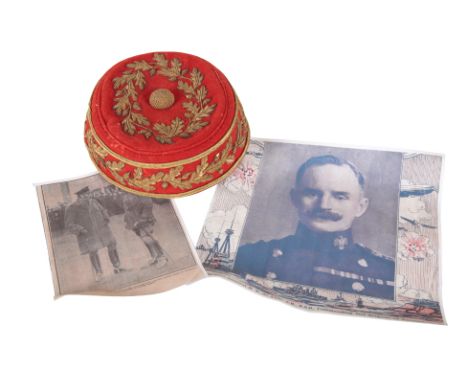 A RED VELVET OFFICER'S PILLBOX (FORAGE) HAT late 19th century, embroidered with circlets of entwined acorns and oak leaves, w