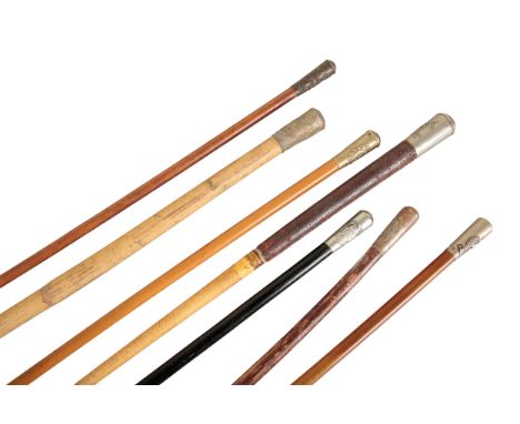 SIX 20TH CENTURY AND LATER REGIMENTAL SWAGGER STICKSand a whip, with base metal tops and for different regiments, the longest