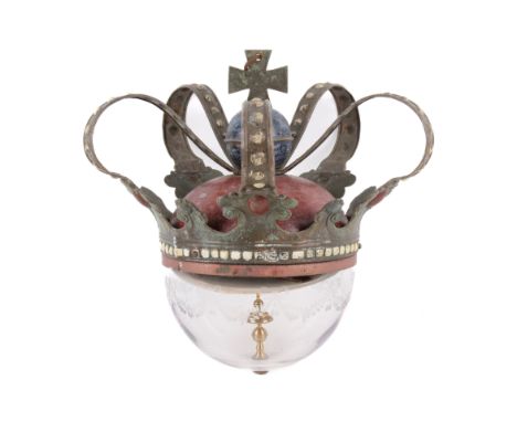 An intriguing 19th/20th century compass. Designed to hang from a ceiling, the painted cast metal top modelled as a crown, the