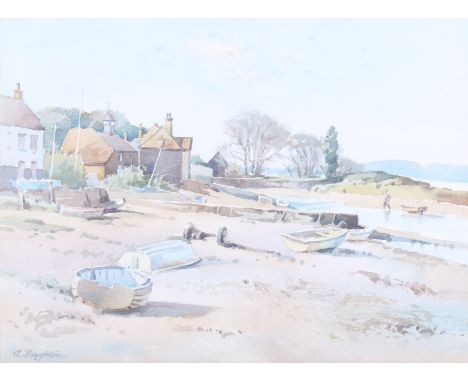 Albert Houghton, watercolour, 'Overy Stathe, Norfolk', coastal scene. Signed lower left, framed and glazed, H30cm x W38cm. 