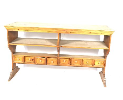A large pine kitchen island work bench. Open storage and a bank of drawers beneath. H101cm x W184cm x D64cm