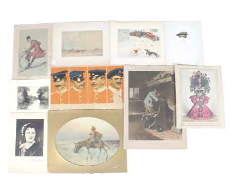 Ten 19th and 20th century pictures and prints. Comprising a Arthur Boris Klein (1893-1985) hand coloured humorous etching wit