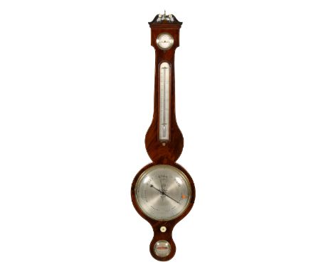 A Victorian inlaid mahogany aneroid barometer. By Benzoni, Brighton. Engraved silvered dial and attached thermometer. H98cm