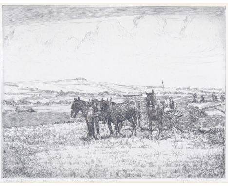 Alfred J Bennett (1861-1923), etching, `The Sussex Downs`, heavy horses at work in the field. Titled lower left and signed lo