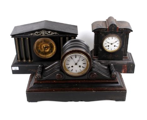 Three Victorian mantle clocks. Including a Henry Marc, Paris, white enamel dial, Roman numerals, striking to a bell, inlaid s