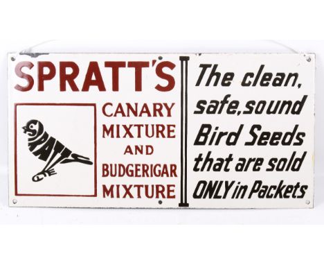 A mid-20th century Spratts Canary Mixture enamel sign. H23cm x W46cm.