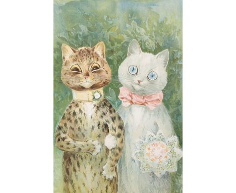 A 1930s print titled 'The Happy Pair' by Louis Wain. Framed and glazed, H44cm x 30cm.  