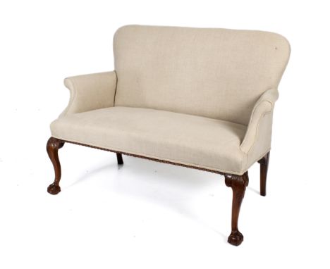 An Edwardian carved mahogany framed two seater sofa.  Light grey fabric upholstery, scroll arms, raised on cabriole legs, bal