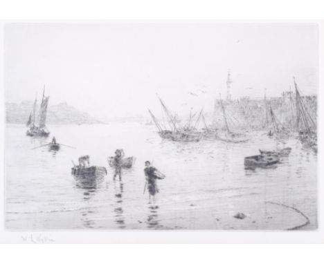 William Lionel Wyllie (1851-1931), etching of figures and boats at the shore. Signed in pencil lower left. 15cm x 22.5cm, fra