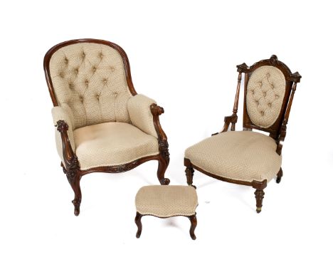 Three items of matching Victorian and Edwardian upholstered furniture. Comprising a nursing chair, Victorian armchair and a f