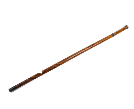 A Victorian Scumball decorated hard wood walking stick with inner drink flask. The top unscrews to access the glass, lower se