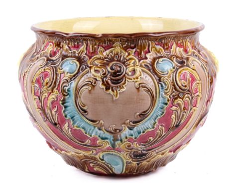 A ceramic Majolica style jardiniere. Purple ground with swag decoration, H23cm. 