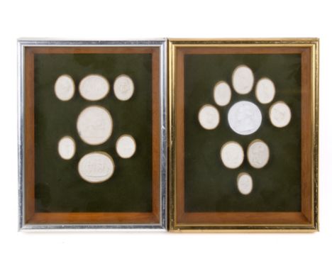 Two framed collections of early 19th century plaster intaglio seals. Each containing multiple oval seals featuring classical 