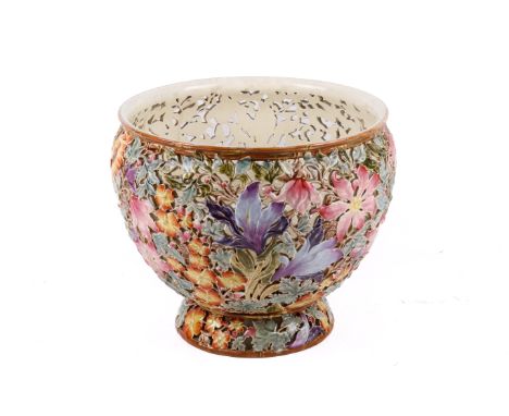 Antique Majolica style Zsolnay Hungary floral pierced pottery planter. Footed bowl form, printed and impressed marks to base 