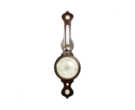 A 19th century wheel barometer. In a mahogany case with central convex mirror over a white enamel face with black details. H1