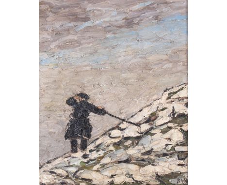 After Kyffin Williams (Welsh 1918-2006), oil on board, depicting a farmer on a hill. Signed 'K W ' (lower right), engraved 'K