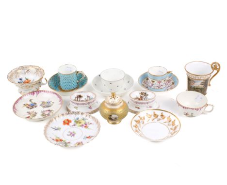 A group of assorted mostly 18th Century cabinet cups and saucers. Including Sevres c. 1756, Amstel c. 1790 and a pair of Berl