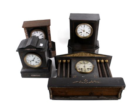 Four assorted Victorian mantel clocks. Including a E. L. Hausburg, Paris white enamel dial, Roman numerals, striking to a bel