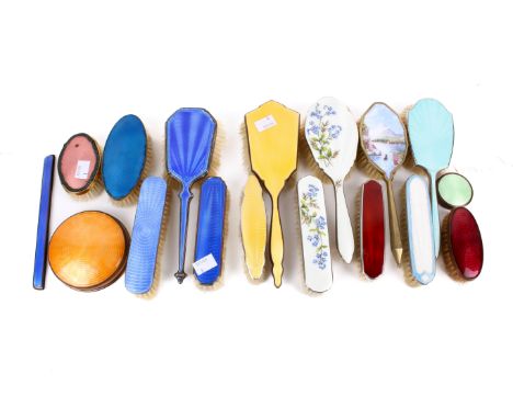 A collection of guilloche enamel brushes. Noting four hairbrushes, qty 13. 