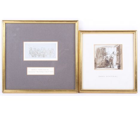 Thomas Webster (British 1800-1886), two pencil and ink sketches. One depicting three figures beside an open door, 8.5cm x 9cm