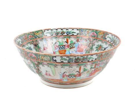 A circa 1900 Chinese Canton enamel bowl. With slightly everted rim, with famille rose decoration of figures on terraces and f
