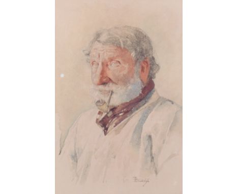 A early 20th century watercolour of a gentleman smoking a pipe. Signed 'Parsley' (lower right), marked 'Bought by G. G. and D