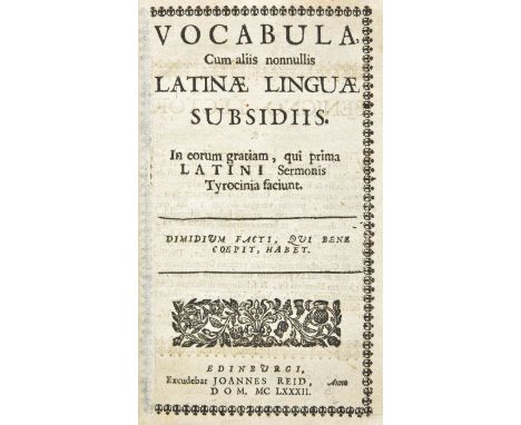Wedderburn (David). Vocabula cum aliis nonnullis Latinae linguae subsidiis, Edinburgh: John Reid, 1682, collates A8 B4 C8, wo