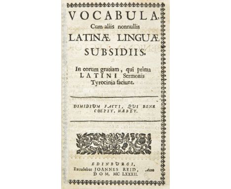 Wedderburn (David). Vocabula cum aliis nonnullis Latinae linguae subsidiis, Edinburgh: John Reid, 1682, collates A8 B4 C8, wo