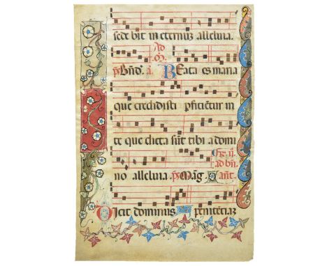 *Illuminated manuscript. 5 antiphonary leaves, circa 1500,  manuscript in red and black ink on vellum, puzzle initials in blu