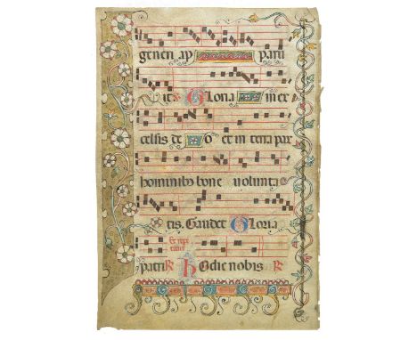 *Illuminated manuscripts. 5 antiphonary leaves, circa 1500,  manuscript in red and black ink on vellum, puzzle initials in bl