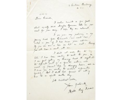 *Anand (Mulk Raj). Collection of letters to social historian Ernest Martin (1912-2005), London and Bombay, 1937-99, 6 autogra